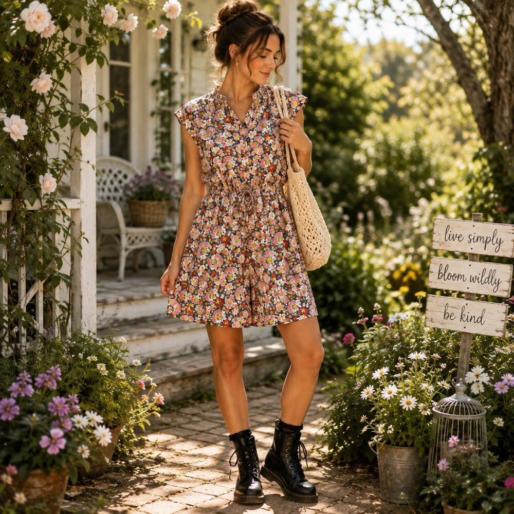 LOFT Floral Dress Sz M Cottagecore Boho Drawstring Waist Button Front Pockets